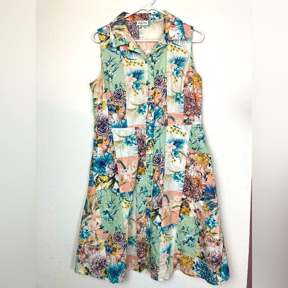 Vintage Floral Patchwork Print Fit & Flare button down shirt dress w/ pockets